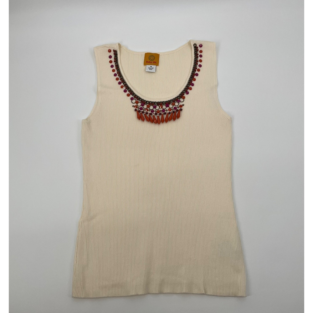 Ruby Rd Ribbed Tank Top Beaded Necklace Statement Ivory‎ Size M Boho Festival